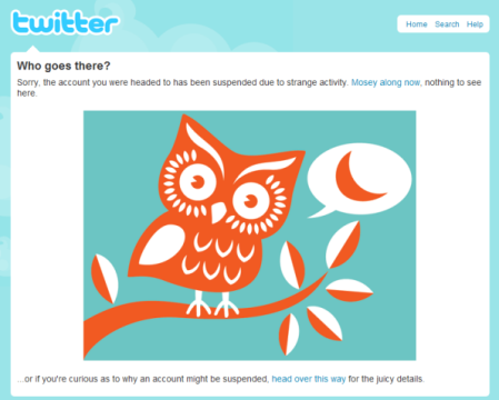 How Twitter deals with a suspended account -- nice message delivery!