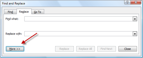 Find and Replace dialog - click the More button