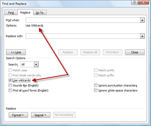 Find and Replace dialog - select Wse Wildcards