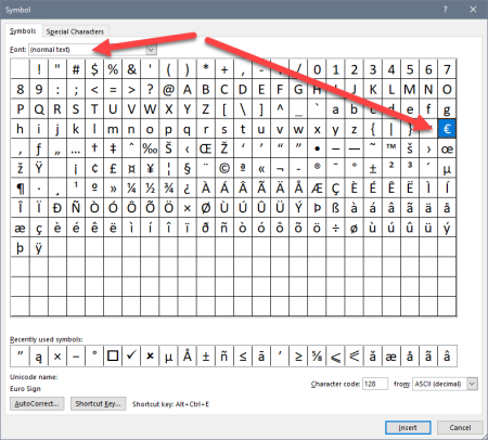 Screenshot of Symbol window, showing normal text selected as the font, and the Euro symbol selected from the table of symbols.