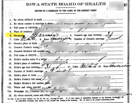 Iowa marriage certificate from 1924. Groom has a field for entering his occupation; bride does not