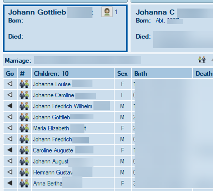 Screenshot of names listed in family tree software, showing the similarity of the children's names to that of their parents